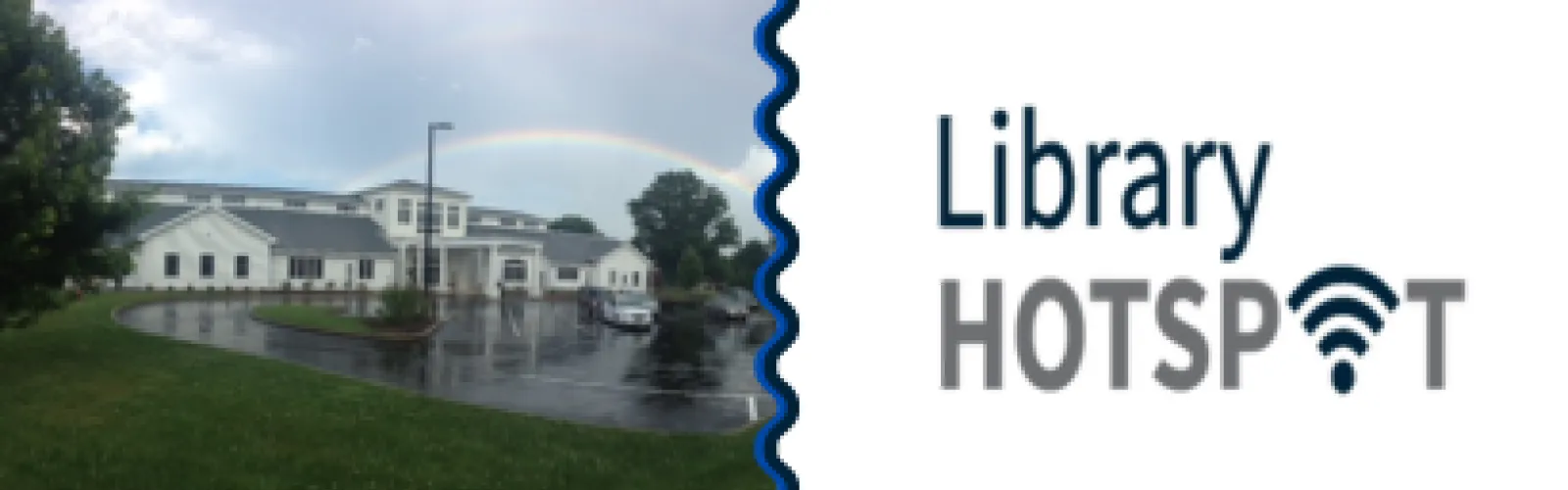 A picture of the Leetonia Community Library with a natural Rainbow behind it followed by the Library Hotspot Logo